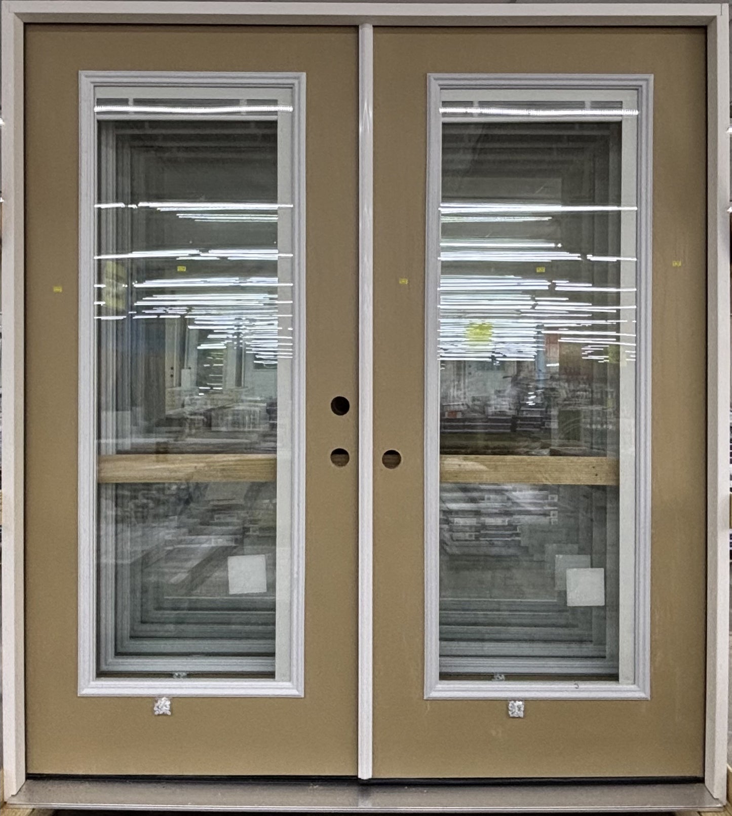 Tan Prehung Full-Lite Double French Patio Door – With Blinds Right-Hand Inswing