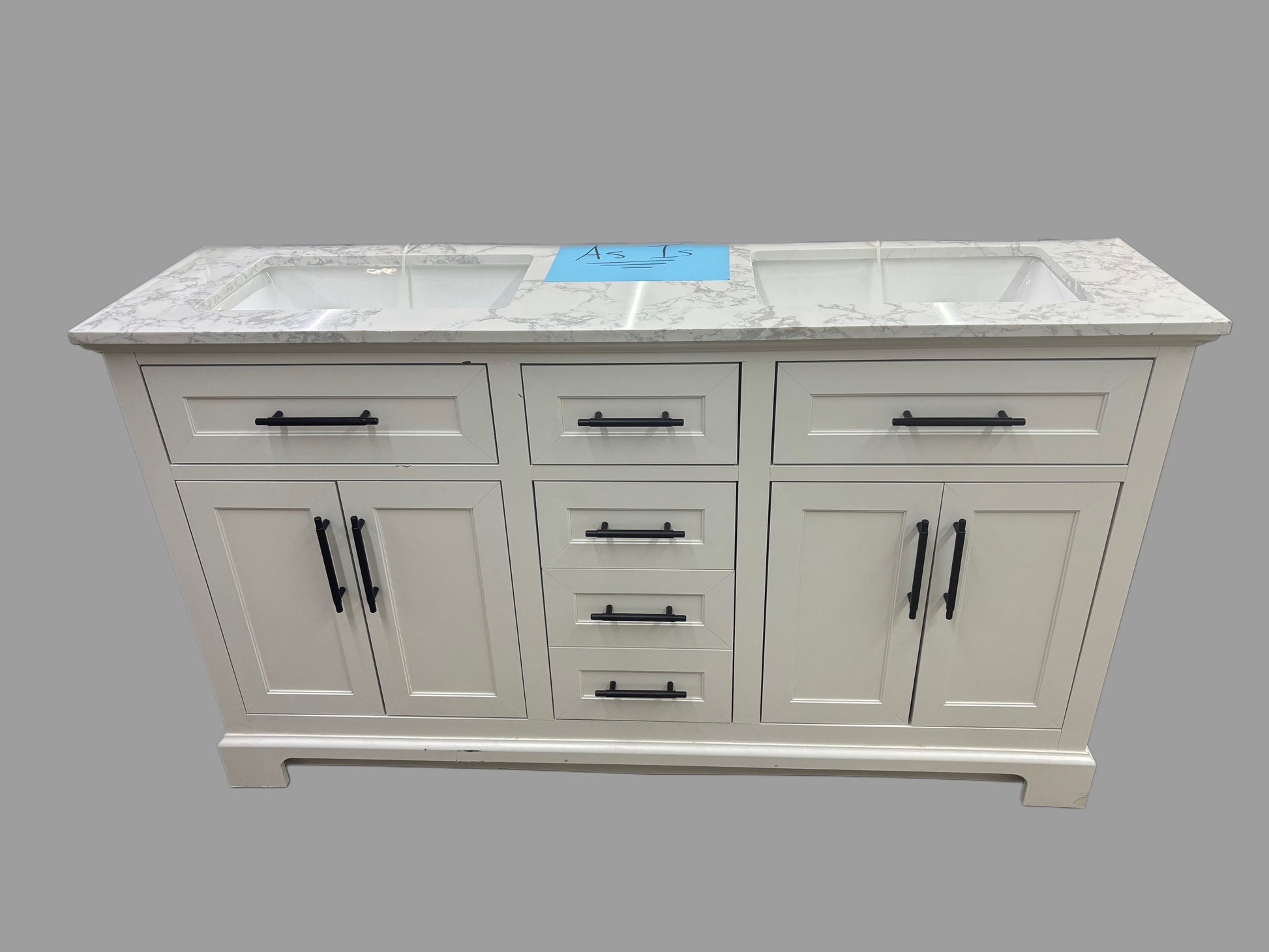 Bathroom vanity with marble countertop on a gray background