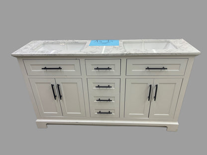 Bathroom vanity with marble countertop on a gray background