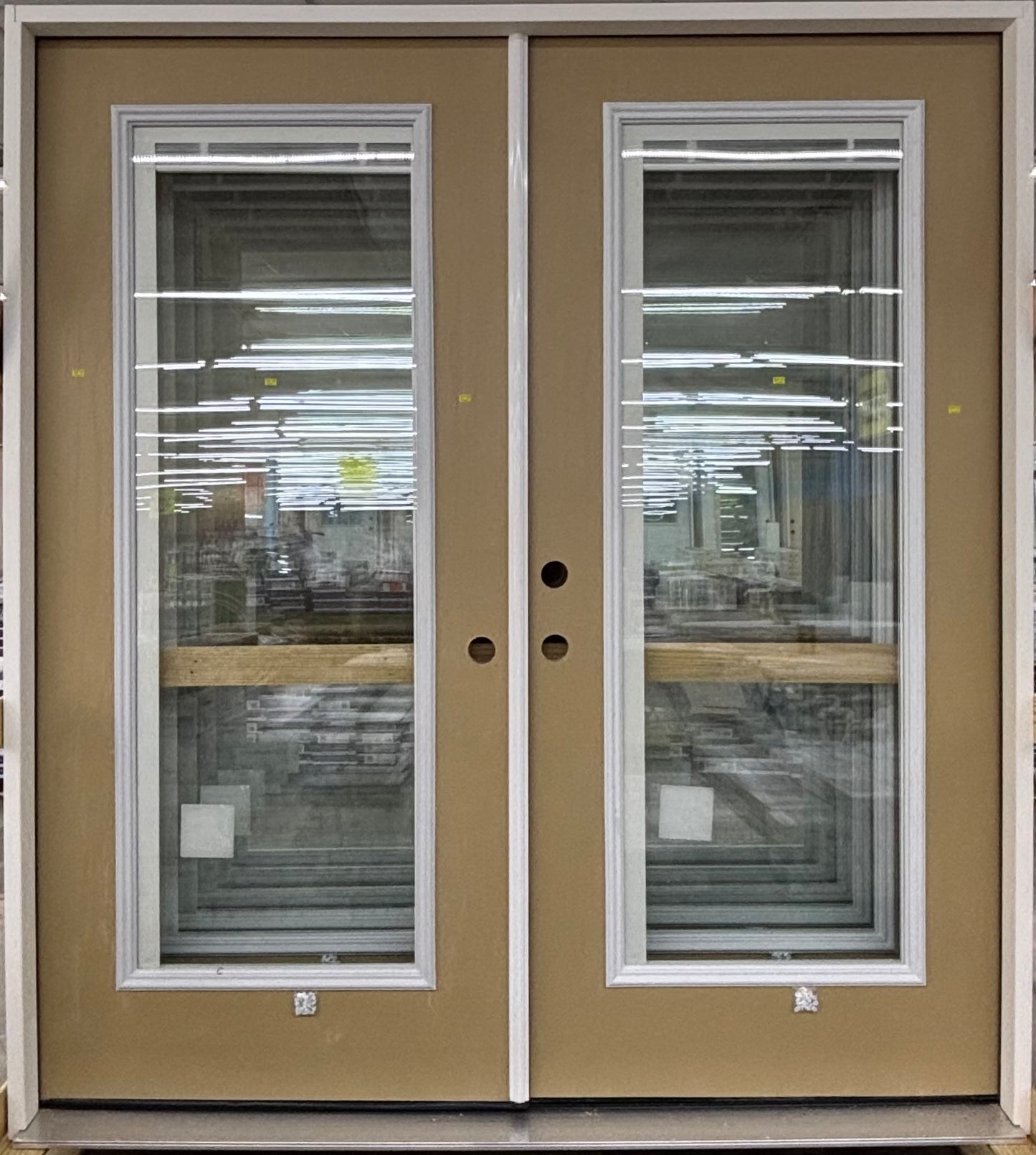 Tan Prehung Full-Lite Double French Patio Door – With Blinds Left-Hand Inswing