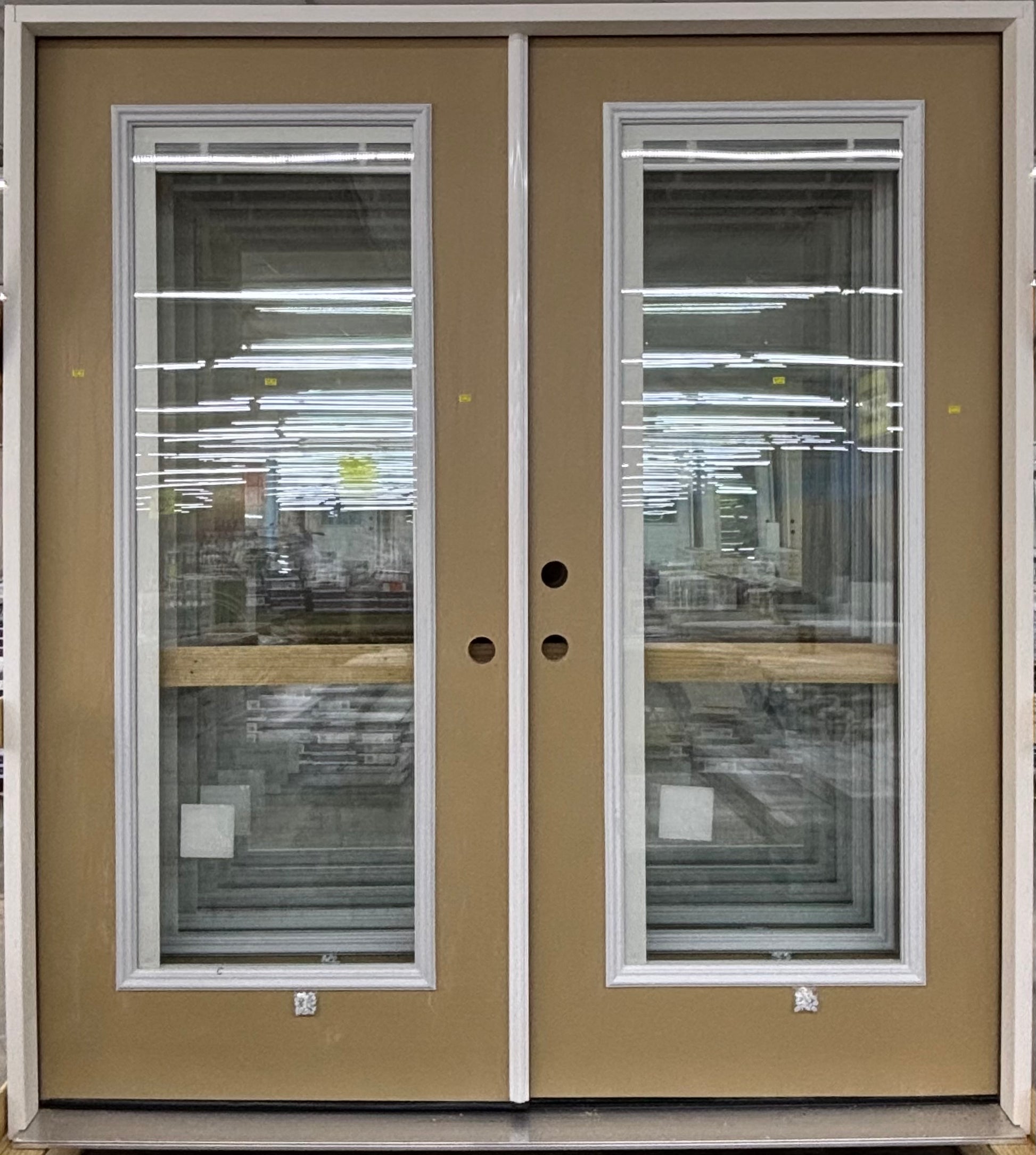 Tan Prehung Full-Lite Double French Patio Door – With Blinds Left-Hand Inswing