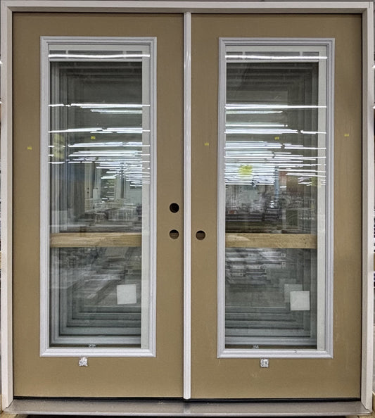 Tan Prehung Full-Lite Double French Patio Door – With Blinds Right-Hand Inswing